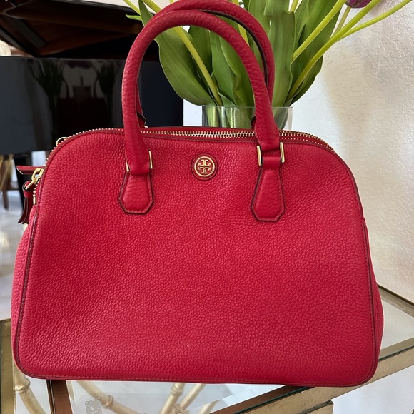 Tory Burch Cherry Red Robinson Satchel Pebbled Leather - Picture 1 of 9
